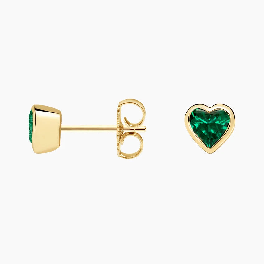 Heart Shaped Emerald Bezel Stud Earrings in 14K Gold