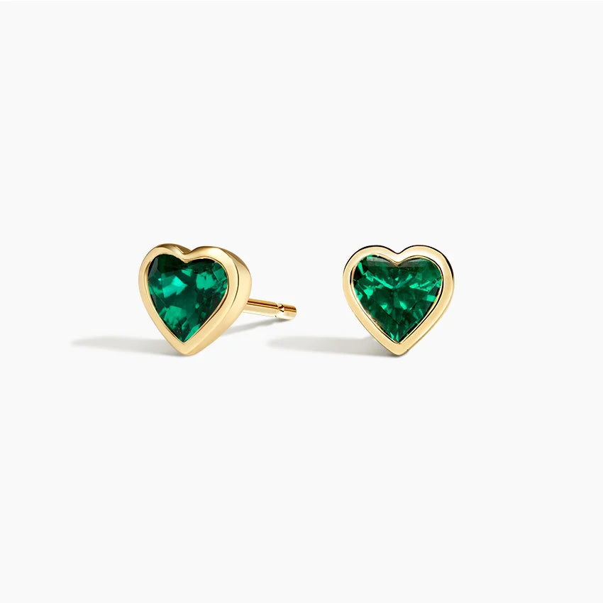 Heart Shaped Emerald Bezel Stud Earrings in 14K Gold
