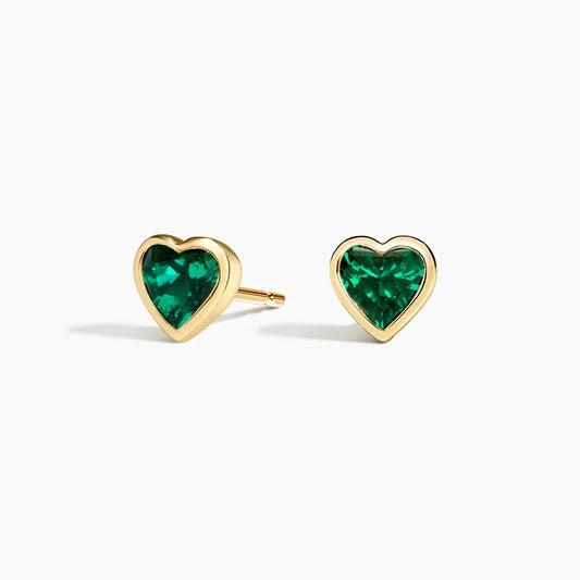 Heart Shaped Emerald Bezel Stud Earrings in 14K Gold
