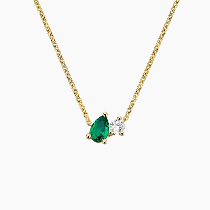 Pear Emerald and Round Diamond Toi et Moi Necklace in 14K Gold