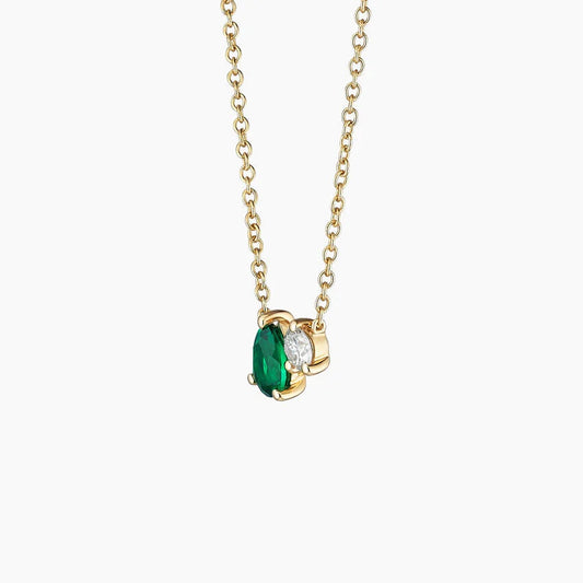 Pear Emerald and Round Diamond Toi et Moi Necklace in 14K Gold